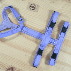 Arnés Antiescape de cinta color Lila y tela Violeta claro, con cierre copenhagen en el cuello y asa transversal. Acolchado. MásQcan Tienda MQC Pet Atelier.