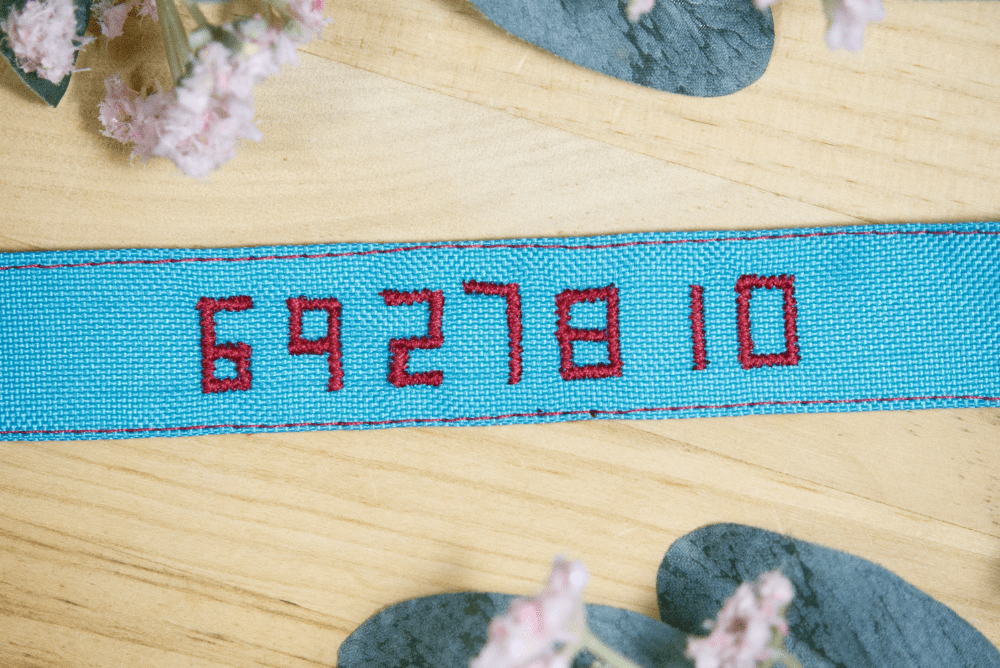 Detalle del bordado en tela Turquesa del Bosque e hilo Burdeos Detalle del bordado en tela Turquesa del Bosque e hilo Burdeos collar bordado número de teléfono de MásQcan Tienda o MQC Pet Atelier