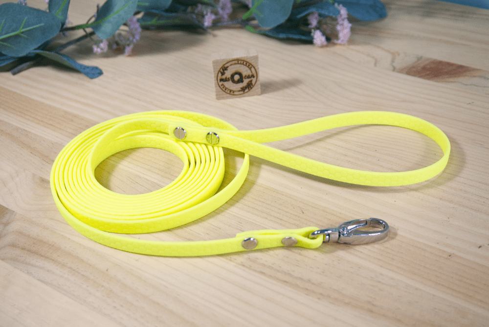 Correa color Amarillo Neón, con asa terminal fija y mosquetón a presión mini Correa de PVC Hexa de 10mm en color amarillo neón, mosquetón a presión mini, impermeable, para perros pequeños y minis, MásQcan Tienda o MQC Pet Atelier